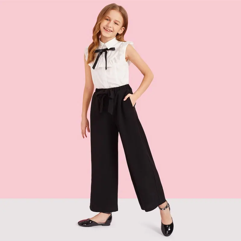 SHEIN Блузка С Оборкой И Брюки С Поясом Комплект Для Девочек Контрастный Нарядный Комплект Для Девочек