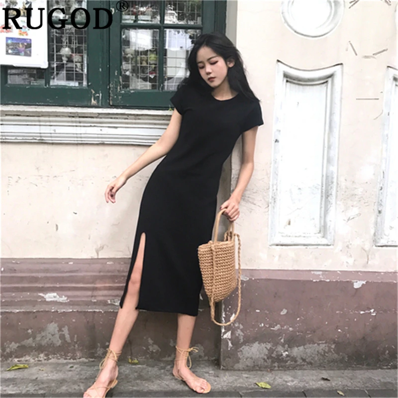 Женское вечернее платье с круглым вырезом RUGOD однотонное элегантное до середины