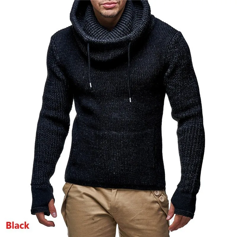 Men Biker Turtleneck Sweaters With Gloves Spring Autumn Slim Knitted Warm Pullover Sweaters - Цвет: Черный