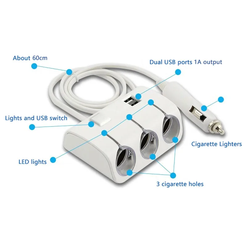 Onever 1 до 3 автомобильного прикуривателя адаптер Dual USB светодиодный 5 V/1.2A концентратора 12 V/24 V Автомобильный Разветвитель Прикуривателя с коммутатором