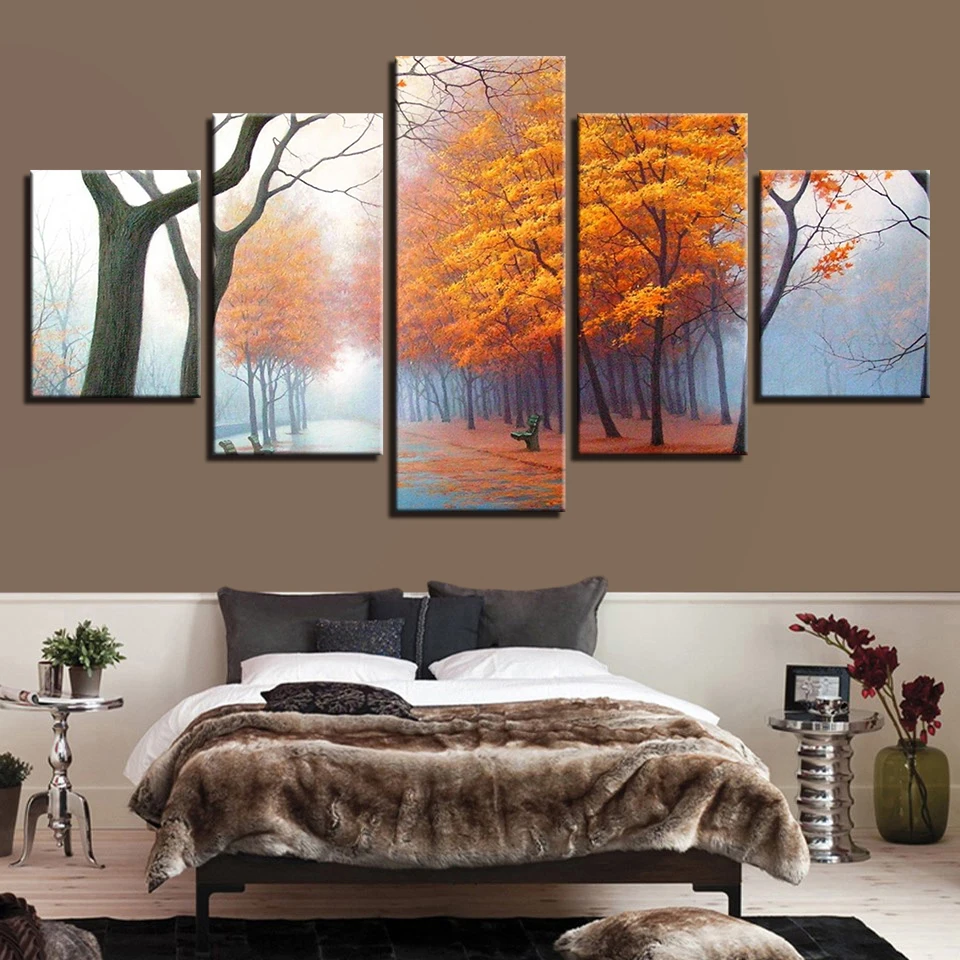 Wall Art Холст HD печатает Картины Home Decor 5 шт. Мисти Вудс в осень утрам фотографии