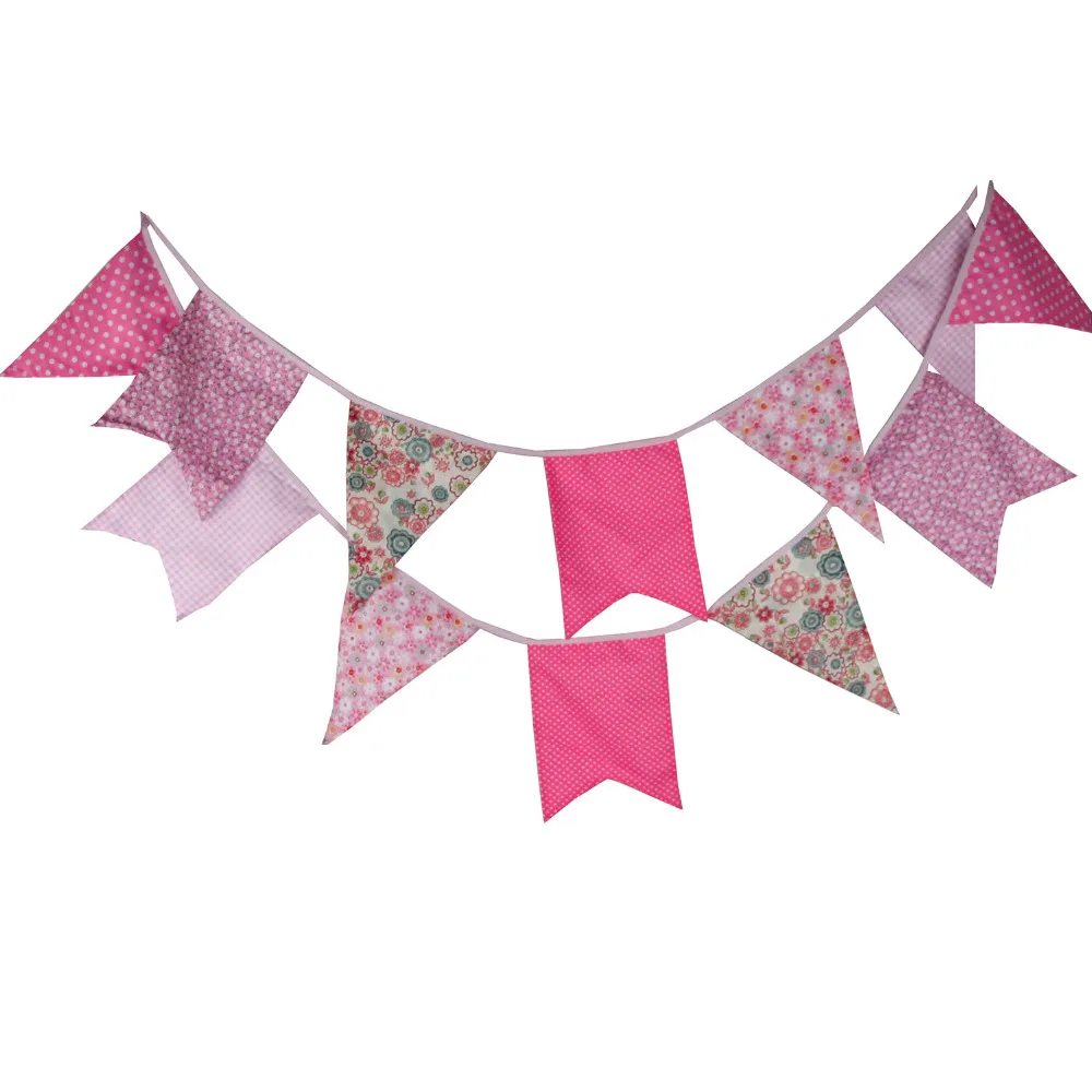 

New 2017 3.5M 12 flags Pink Vintage Fabric Bunting Handmade Birthday Party Decoration Garland