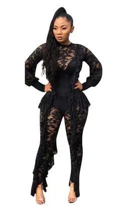 Сексуальный прозрачный черный кружевной комбинезон с длинным рукавом женский