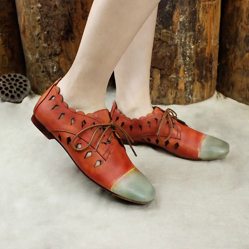 Johnature 2019 New Spring/autumn Brogue Shoes Genuine Leather Retro Mixed Colors Hollo Round Toe Lace-up Cross-tied Womens Flat | Обувь