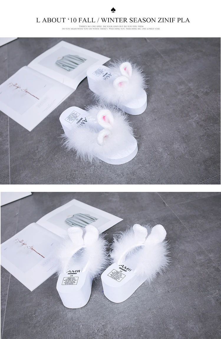 large size outside wedges rabbit ear slippers women summer sweet fur flip flops solid creepers platform ladies slides chaussures