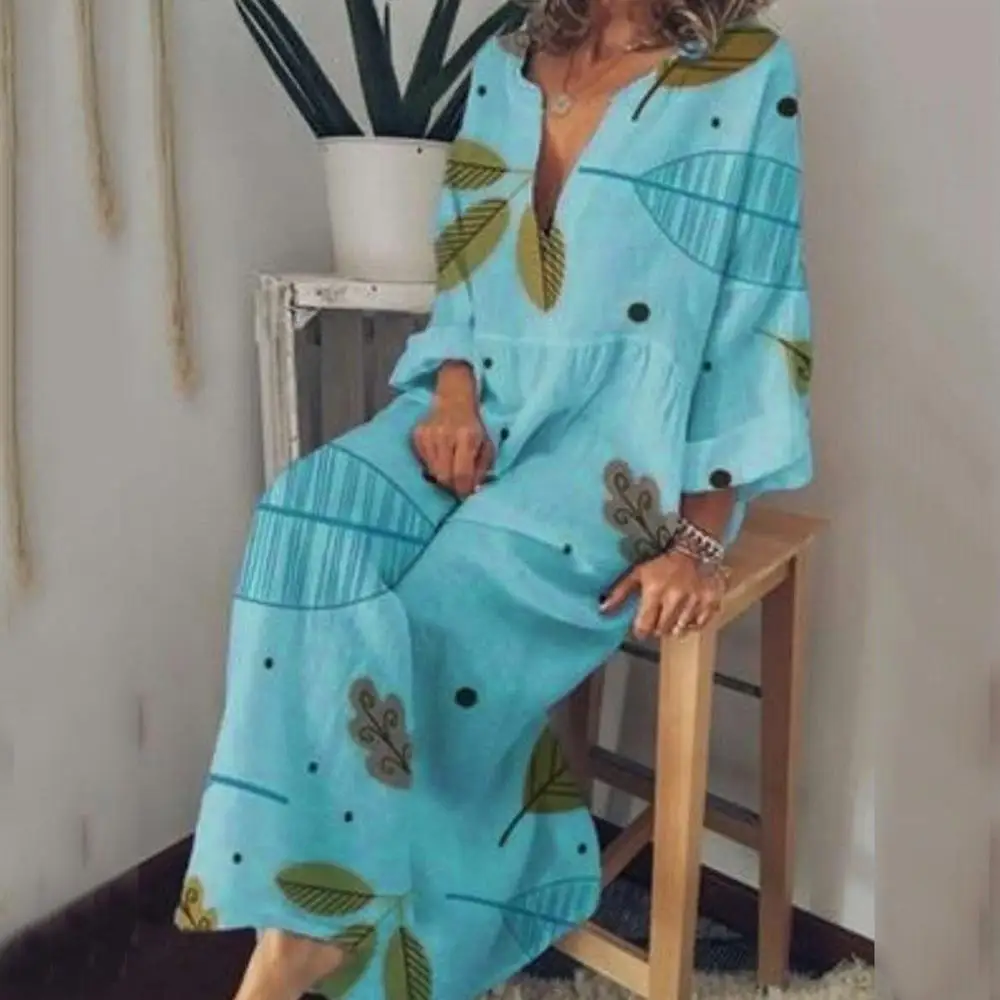 Плюс Размеры Для женщин лист с принтом летнее платье Повседневное свободные