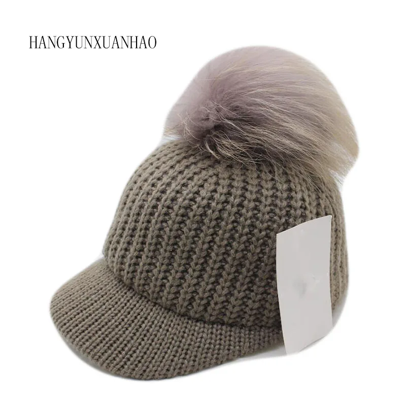 Fashion Big Hairball Baseball Caps for Women and Girl Autumn Winter Warm Knitted Hairy Hats Adjustable Wool Snapback Cap