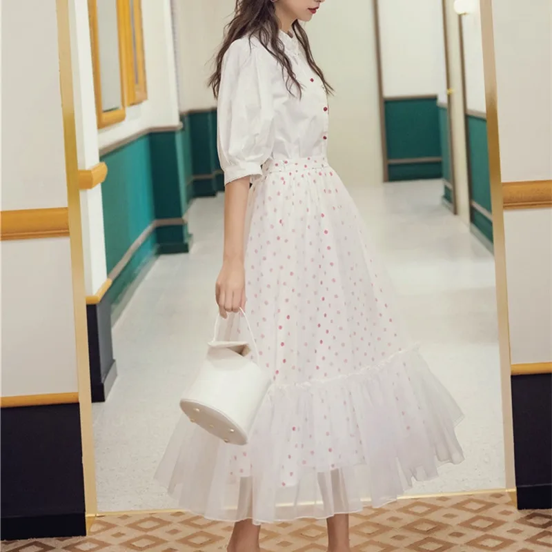 SWEETXUE Summer Fashion Temperament 2 Piece Suit White Embroidered Shirt High Waist Wave Point Mesh Skirt Casual Retro Set