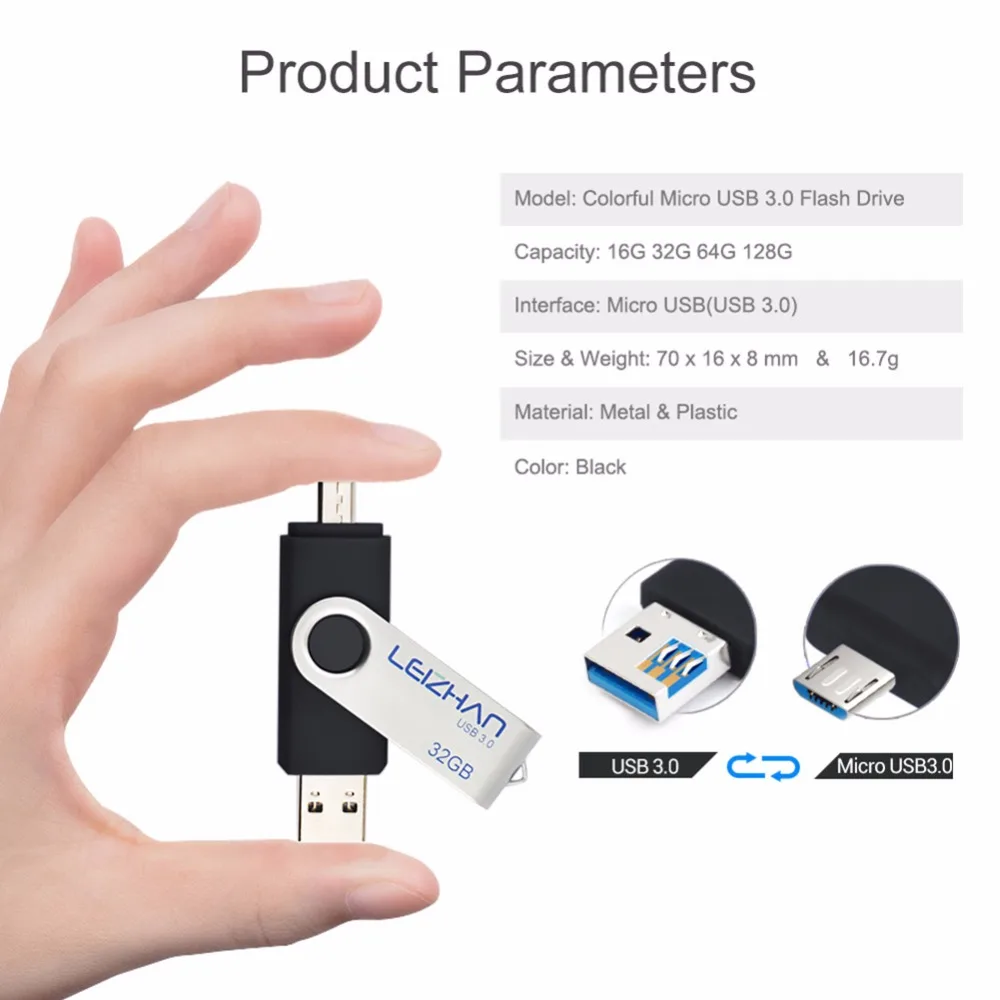 LEIZHAN USB 3 0 Android Флешка 128 ГБ Micro Phone Pen Drive 64 32 16 8 OTG флэш накопитель Рамочка для