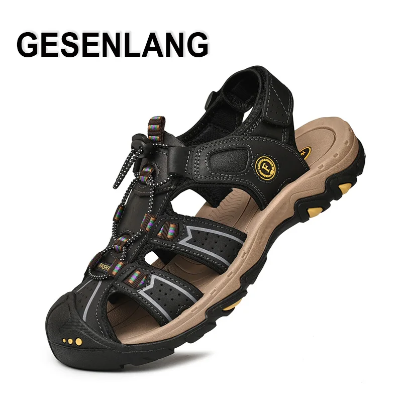 Мужские уличные сандалии для прогулки большой размер закрытый носок Натуральная кожа Мужская пляжная обувь дышащая Нескользящая прогулочная Рыбацкая обувь Новинка