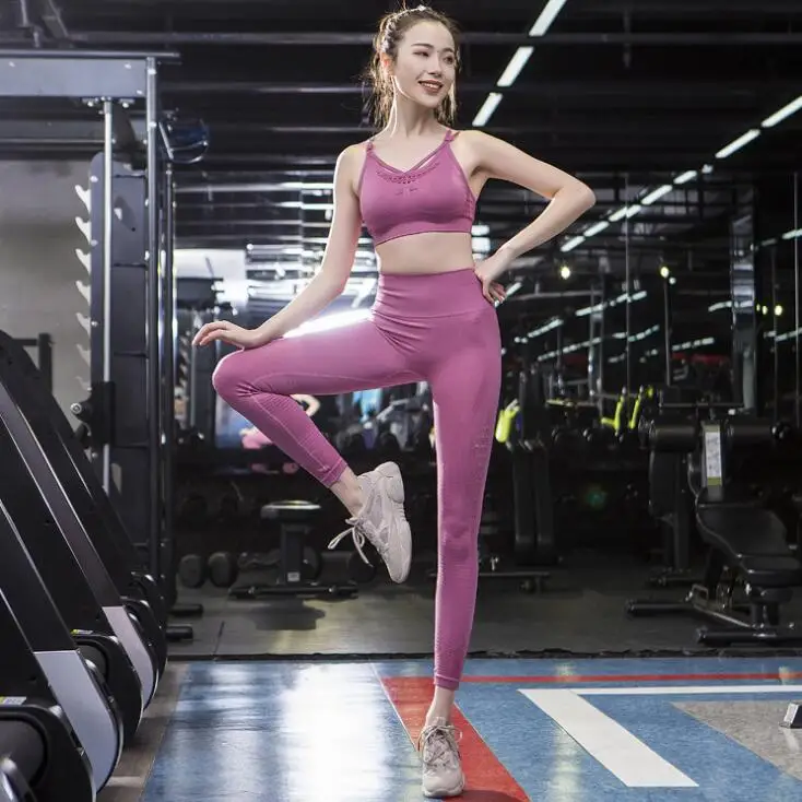 Yoga sets pink Женские спортивные костюмы, бесшовный комплект для йоги, спортивная одежда для бега фитнеса, леггинсы для спортзала, мягкий спортивный бюстгальтер пуш-ап+ леггинсы - Цвет: Yoga sets pink