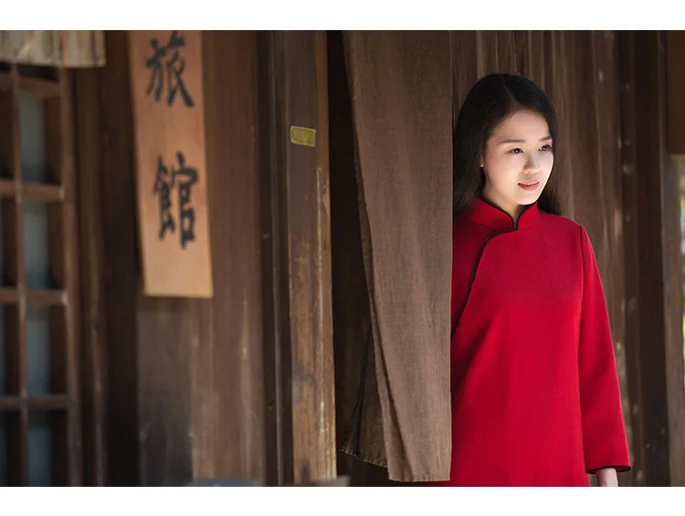 Chinese Cheongsam Dress Woolen Warm Thick Long Sleeve Dress Zen Tea Daily Long Sections Red