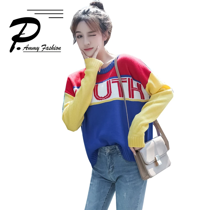 2018 New Autumn winter new contrast color stitching small fresh long-sleeved knit sweater women plus size O-neck pullover |