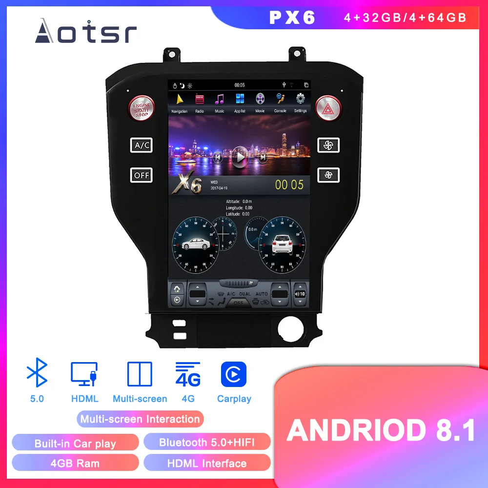 

Tesla style Latest Android 8.1 4+64 Car GPS Navigation for Ford Mustang 2015+ auto stereo multimedia No DVD Player with carplay