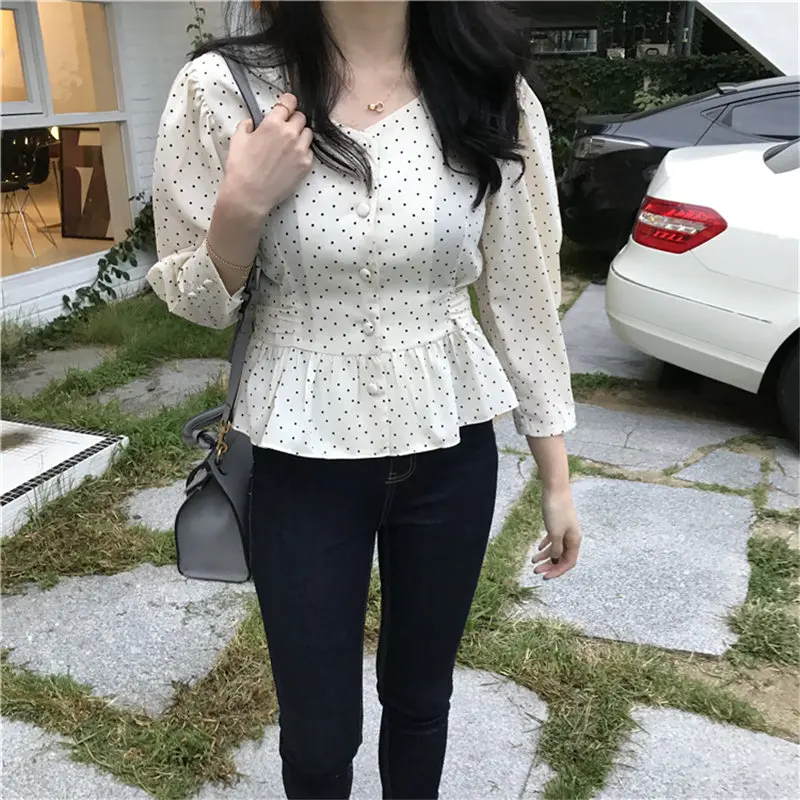 Hzirip Новый бежевый горошек Высокая уличная свободная талия Контролируемая