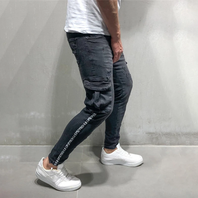 Мужские джинсы облегающие джинсовые брюки стрейч с потертостями и боковыми