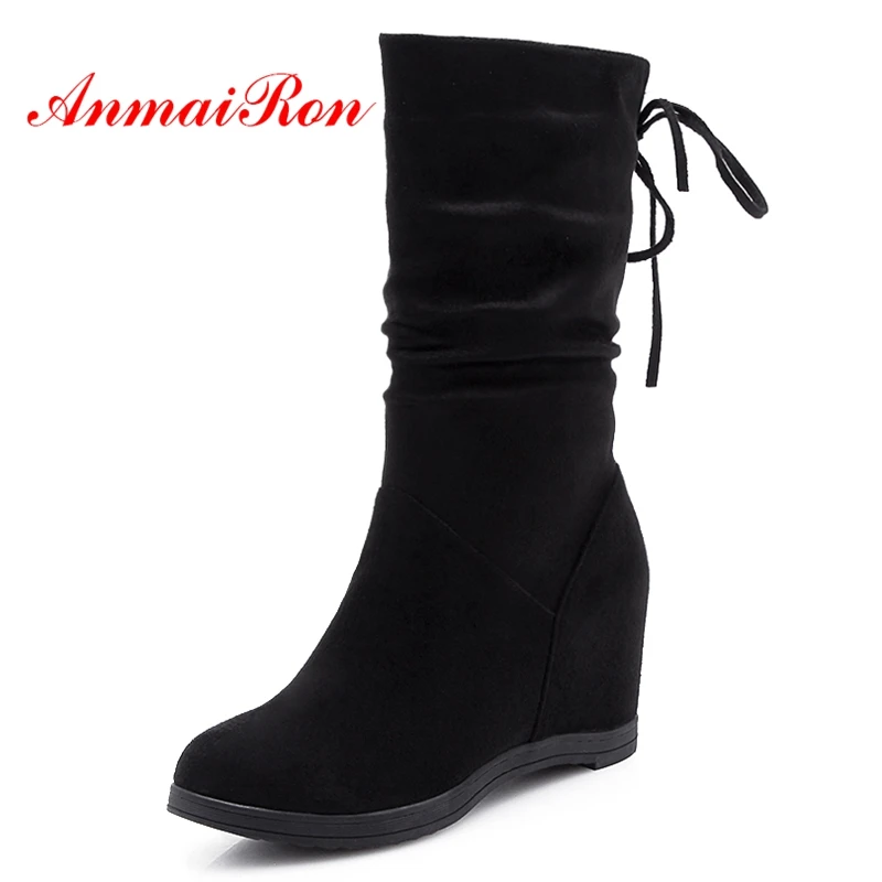 

Женские замшевые ботинки AnmaiRon, Элегантные зимние ботинки с круглым носком, модная женская обувь, размеры 34-43, LY008, 2018