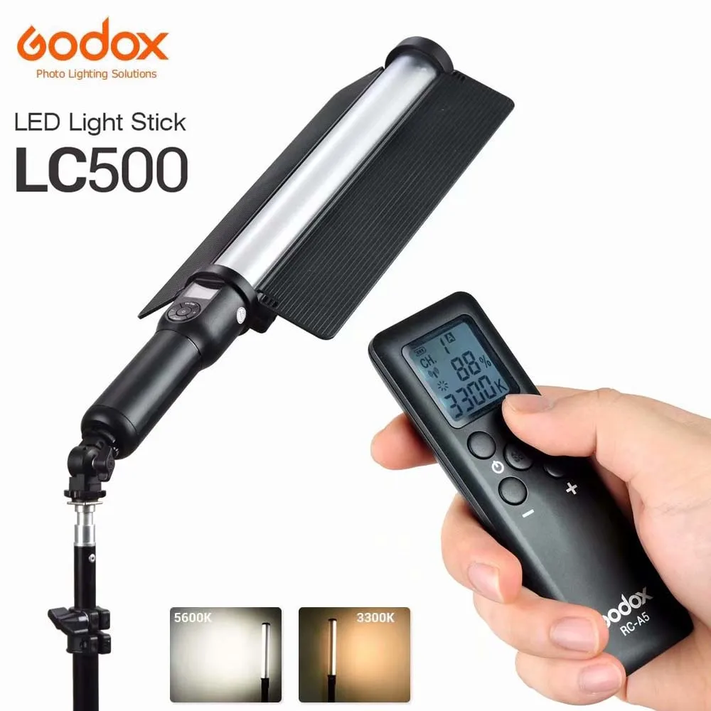 Godox LC500 Handle LED Light Stick 3300K-5600K Adjustable Built-in lithiunm Battery + Remote Control Lighting AC Power Charger |