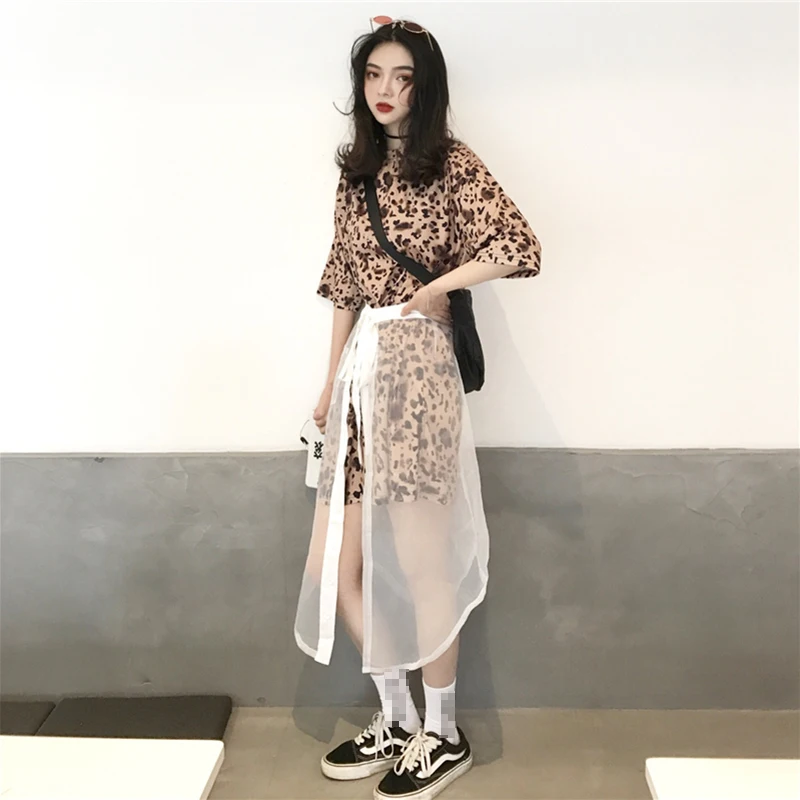 CHICEVER Summer Costumes For Women 2018 Leopard Long T-shirt Sezy Transparent Lace Up Split Skirt Women's Suit Fashion Tide |