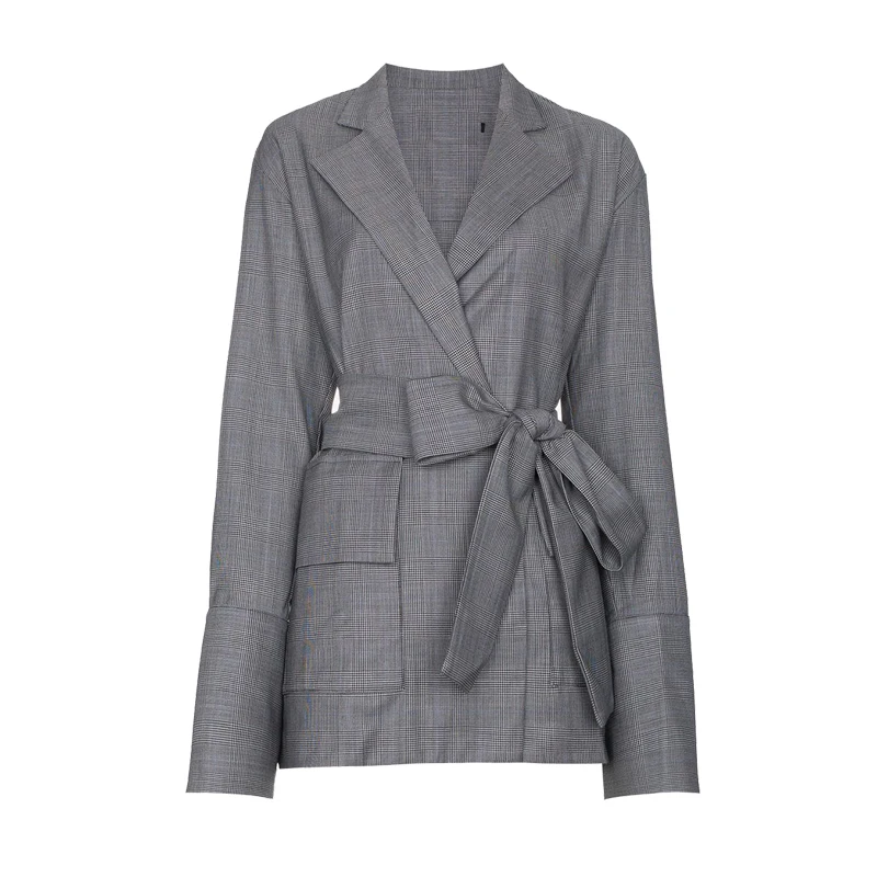 

Casual Suit Coat Loose Plaid Lace Up Pocket Design Overcoat With Belt Slim Autumn Winter Hight Quality Women Jacket Streetwear