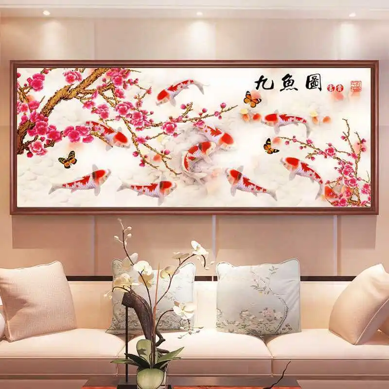 QIANZEHUI сделай сам 5D девять рыбы plum Набор для рисования с круглыми камнями и