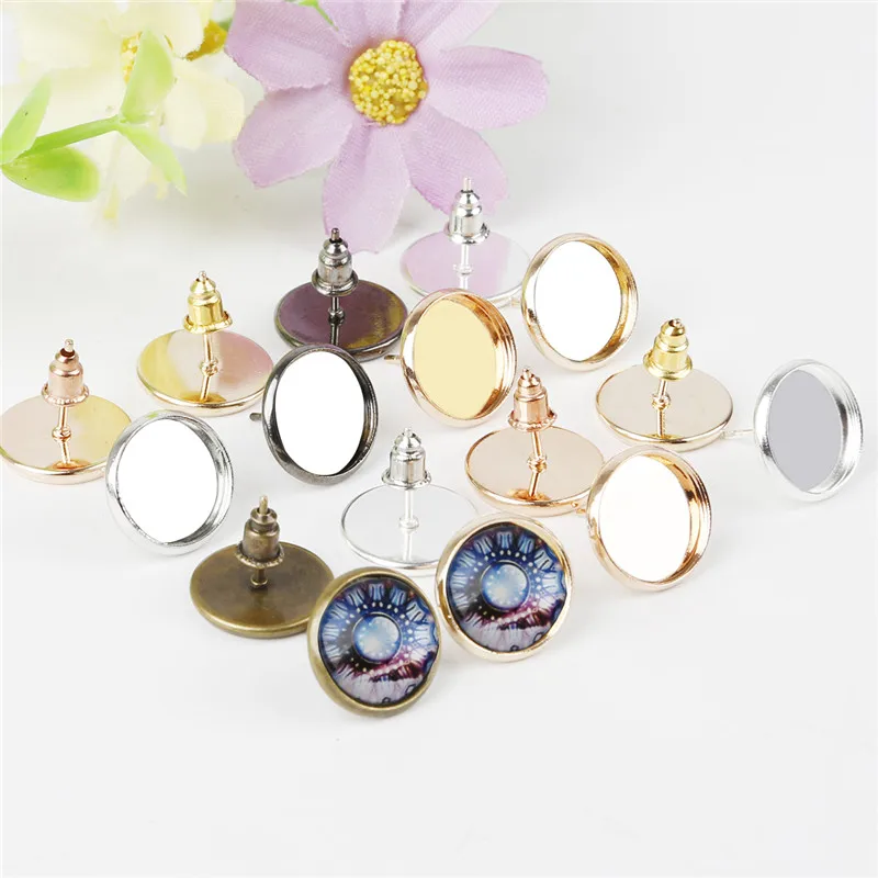 

50pcs/lots 12mm Iron Earrings (with earplugs) Base Tray DIY Settings Blank Base For Earring Jewelry Making Findings
