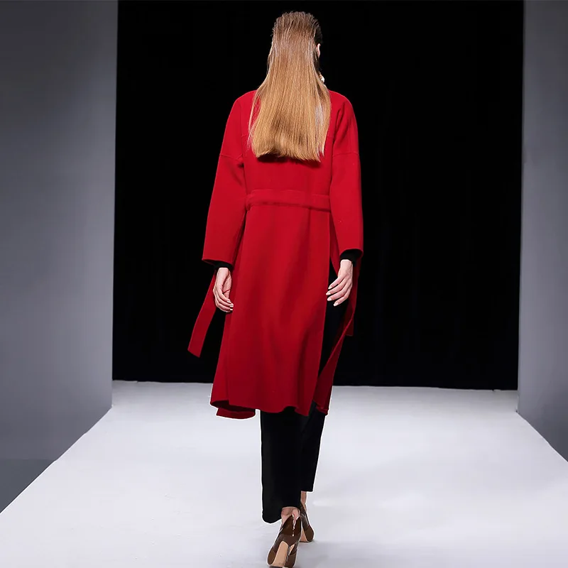 Женское длинное шерстяное пальто кашемировое с отложным воротником и поясом