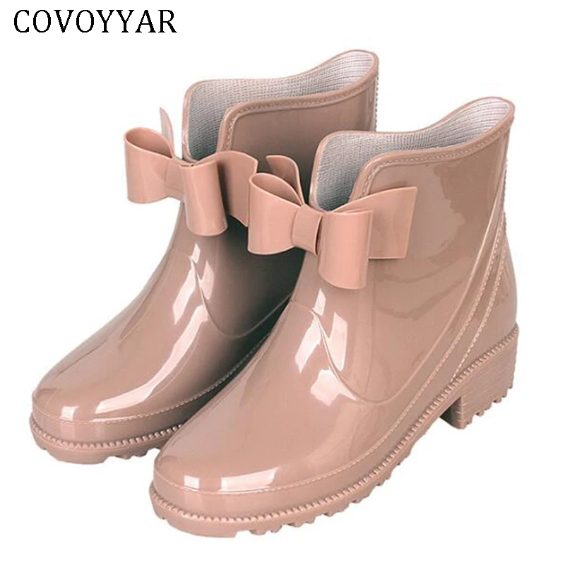 

COVOYYAR Short Women Rain Boots Platform Rubber Ankle Boots Bow Slip on Rainboots Waterproof Woman Shoes Big Size 43 WBS771