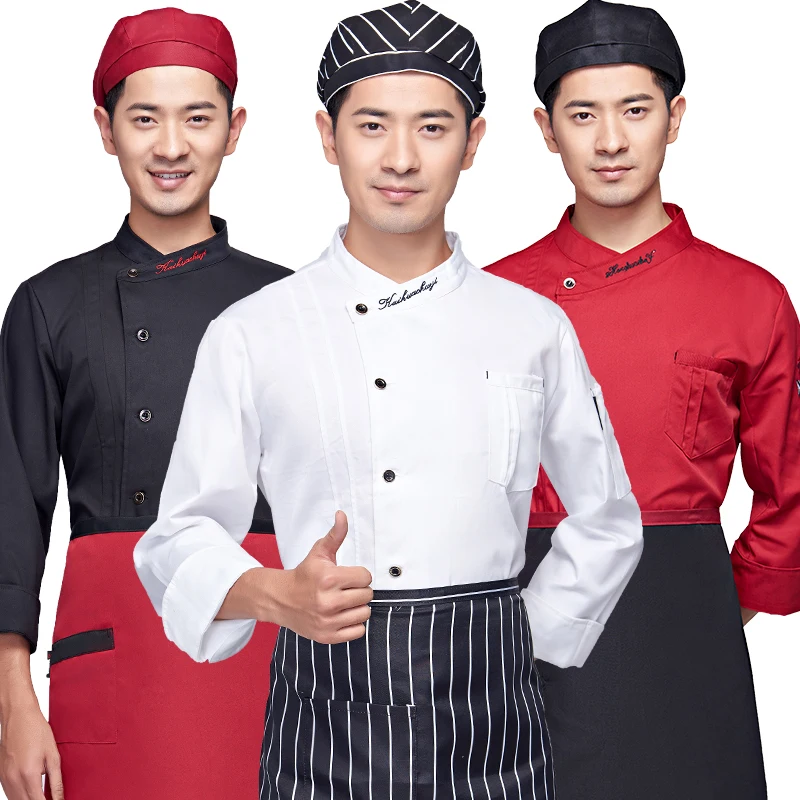

Handsome Chef long-sleeved short-sleeved hotel kitchen female restaurant chef long black and white chef breathable overalls