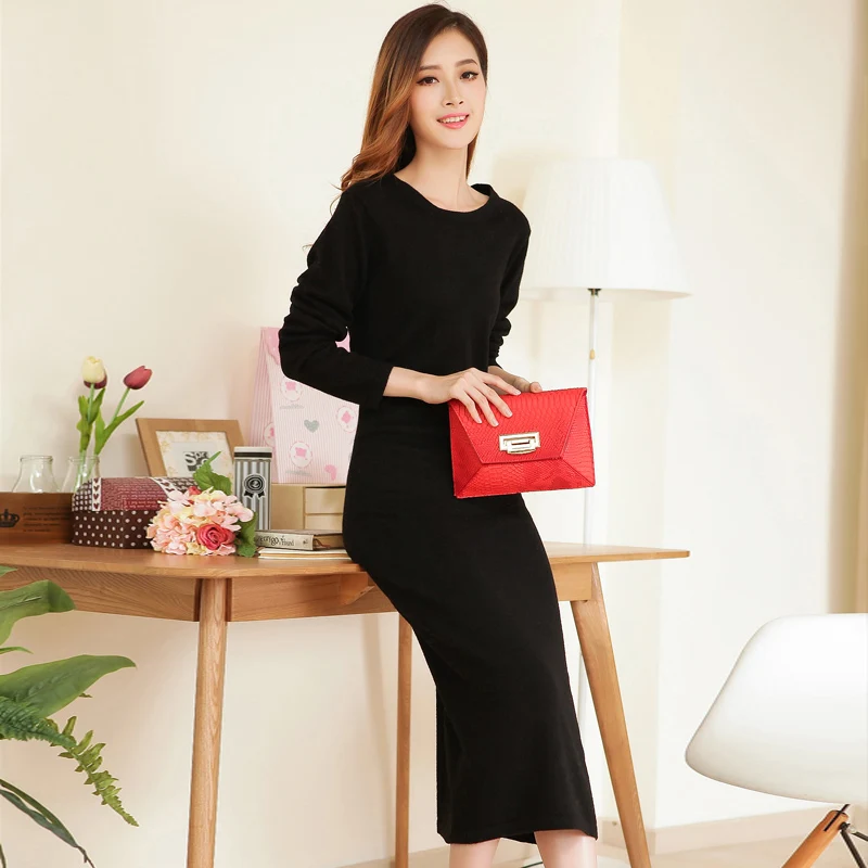 

Autumn and winter super long bottoming sweater female long sleeve knit low collar over the knee dress sweater