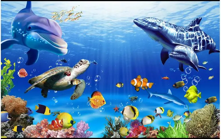 3D обои потолочные 3d океан аквариум дельфины и морские черепахи зенит фрески