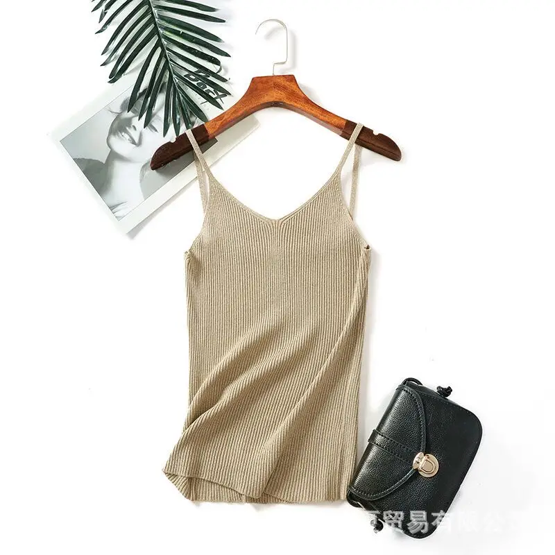 2018 летние женские стрейч вязать с v образной горловиной Camisole Топы Женский