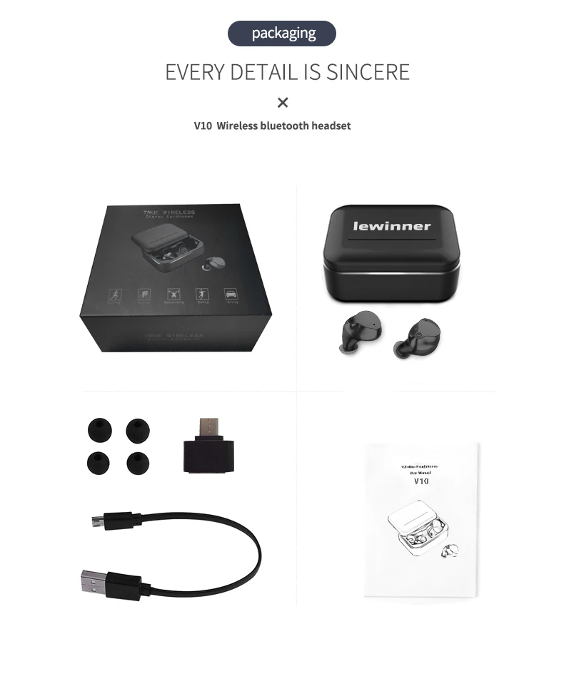 Lewinner V10 Беспроводной наушники-вкладыши TWS Bluetooth 5,0 наушники 3D стерео Hi-Fi спортивные наушники-капельки дляимузыка гарнитура Bluetooth с зарядным устройством
