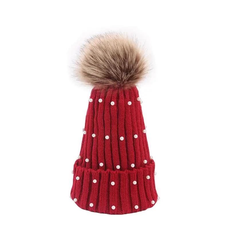 

New Winter Warm Women Kid Crochet Knit Hat Beads Soft Pompom Ball Ski Cap Beanie