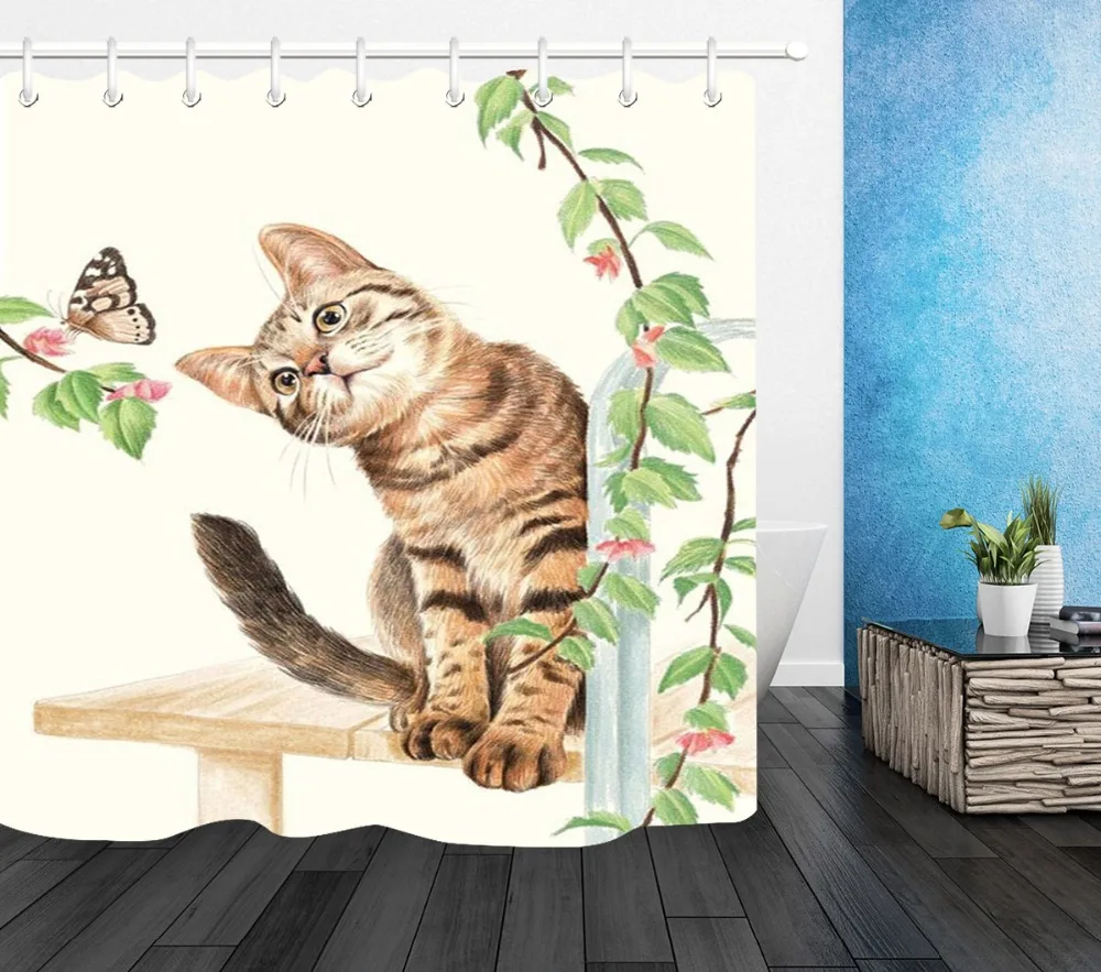 Cat and Butterfly Shower Curtain Set with Rug Extra Long Waterproof Eco-Friendly Bathroom Polyester Fabric for Bathtub Decor | Дом и сад