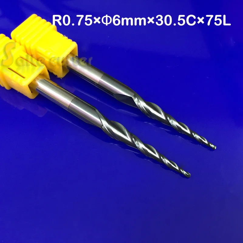 2 шт. R0.75 * D6 30 5 75L 2F твердосплавные конические концевые фрезы 6 мм с шариковым носом