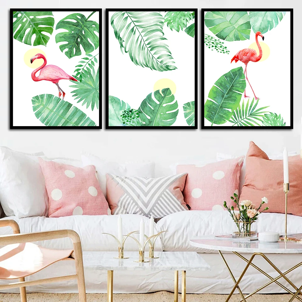 Акварельные растения кактус листья Розовый фламинго искусственный холст постер