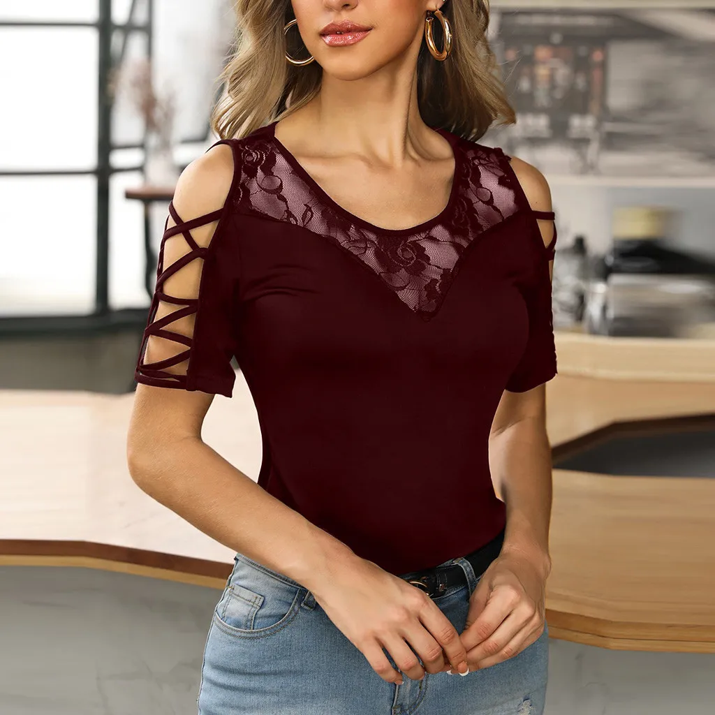 Женская Летняя Сексуальная кружевная Повседневная Блузка с коротким рукавом