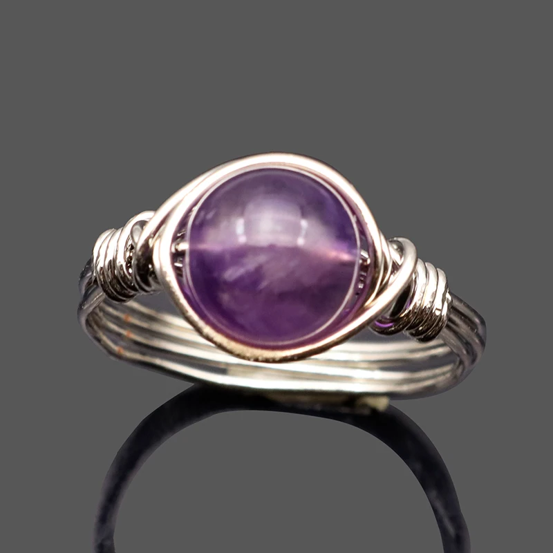 Женское кольцо из натурального камня Boho серебряное с фиолетовым камнем и опалом