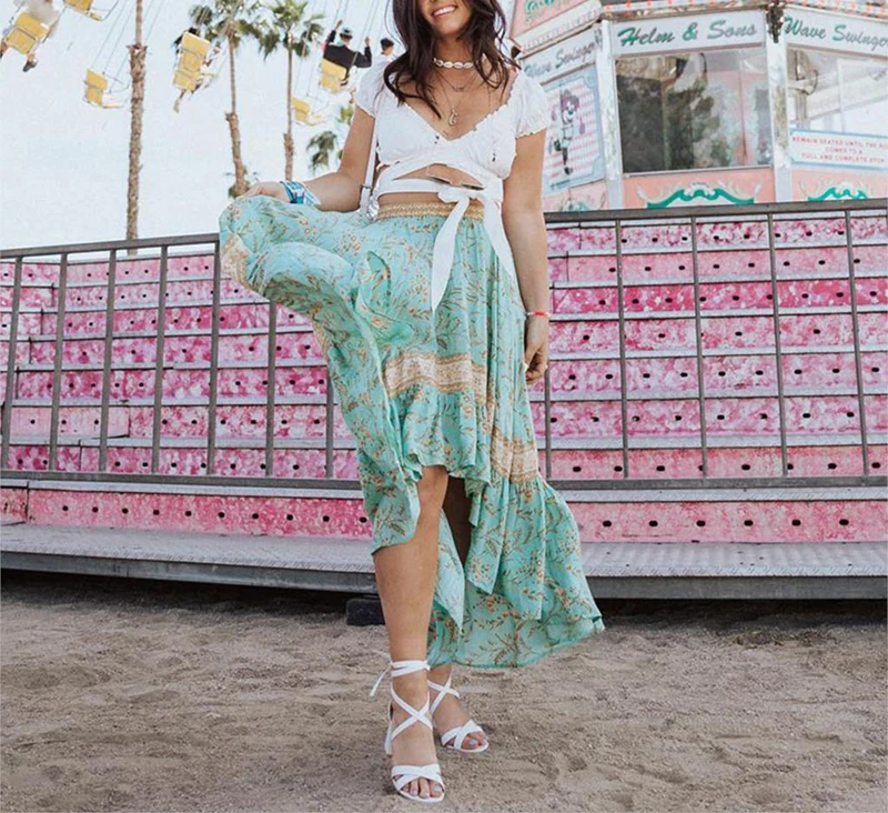 Everkaki Boho длинная юбка с цветочным принтом, Женская хлопковая юбка с эластичной резинкой на талии, богемная Женская юбка, лето-осень, новинка