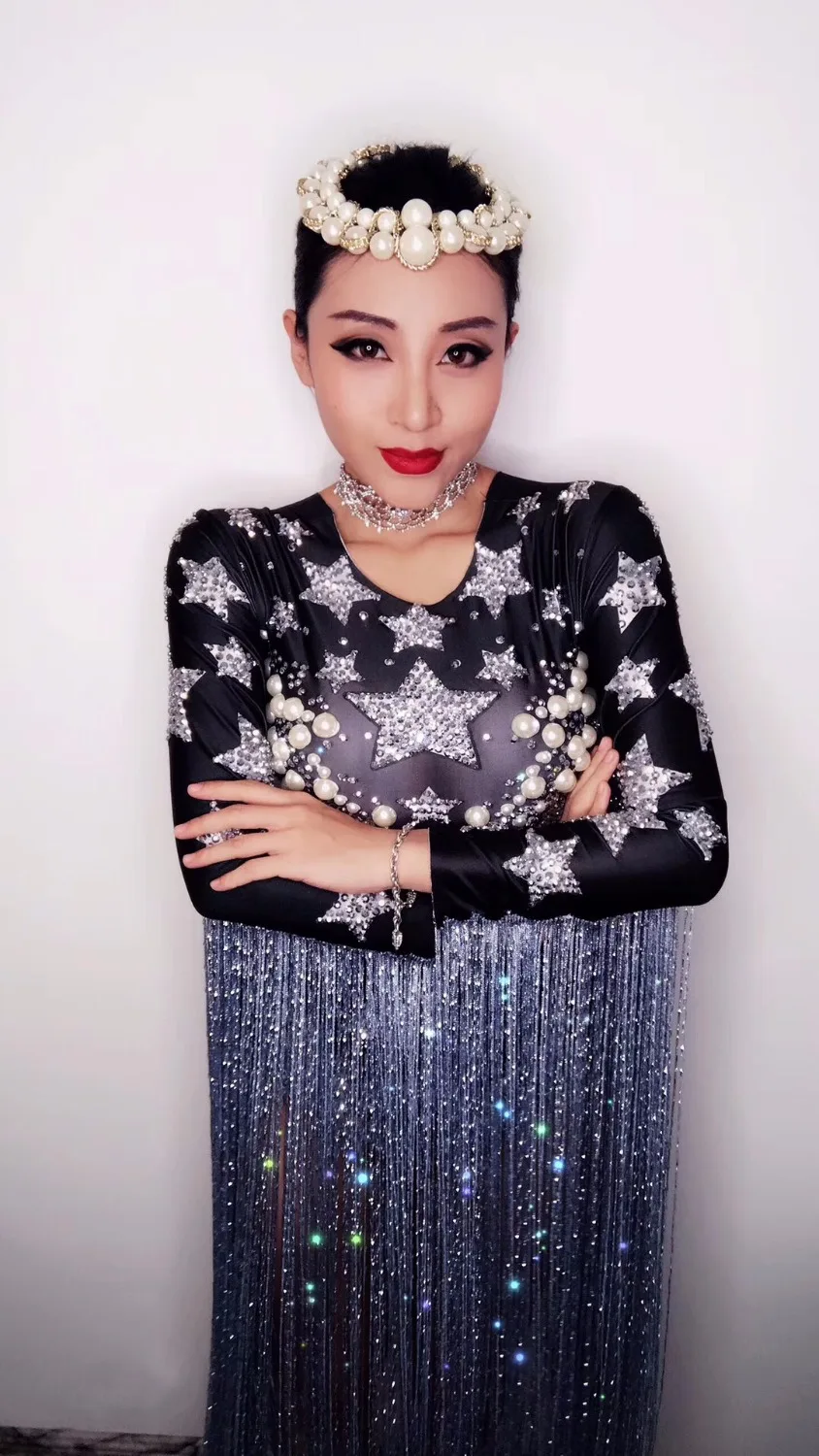 Sparkly Silver Rhinestones Fringes Sleeveless Bodysuit Luxury Stones Long Tassel Leotard Women's Birthday DJ Dance Evening Wear