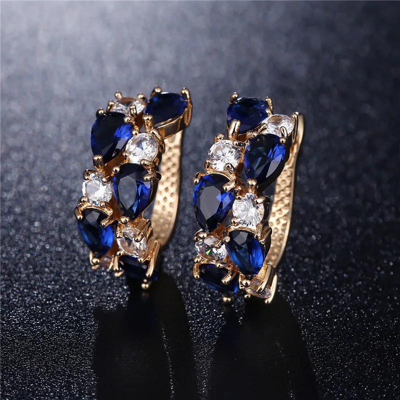 Капли воды темно синий кристалл голубой циркон розовое золото комплект