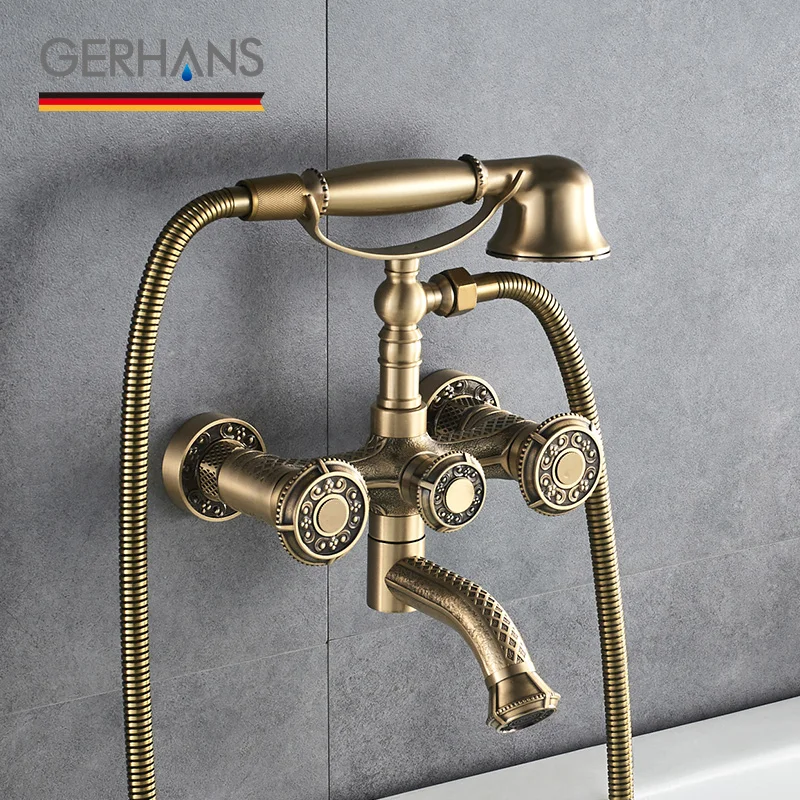 GERHANS Adoking Antique Bathtub Faucet All-Brass Vintage Retro Massage Shower head Wall Mounted Tub Mixer Tap K13018 | Обустройство
