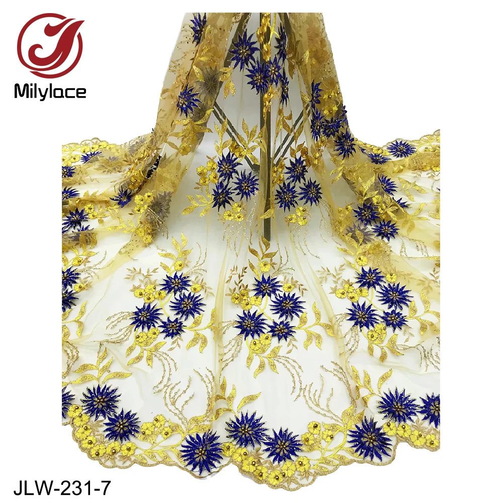 

Milylace romantic French lace fabric floral embroidery tulle lace fabric with beads and stones 5 yards for party wedding JLW-231