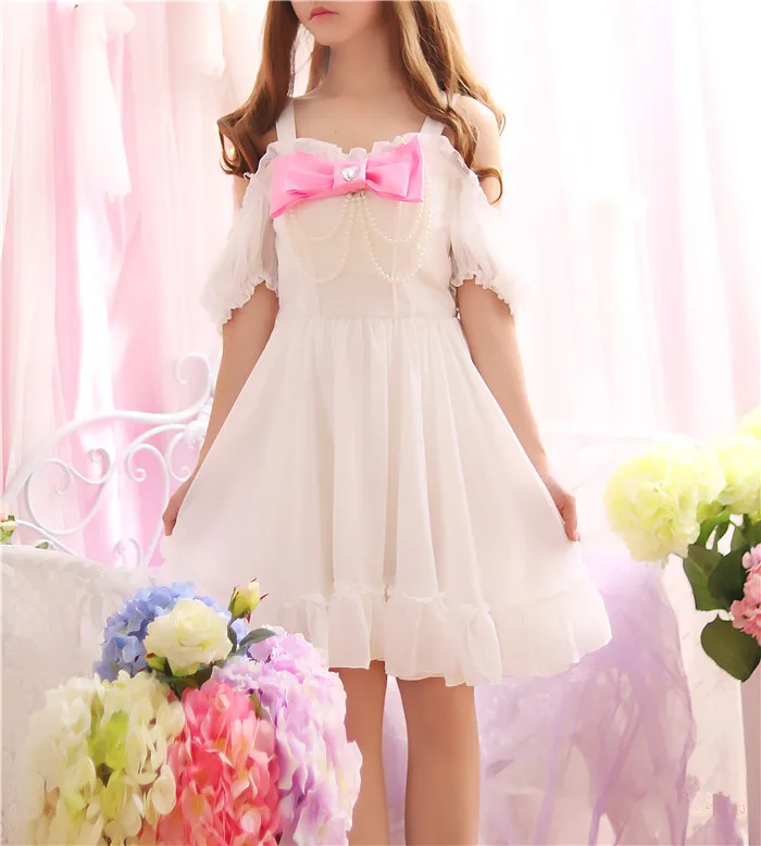 

Pearl Beading Off shoulder Cute Bowknot Straps Women Summer Sweet Mini Dresses Lolita Girl Japan Princess Kawaii Chiffon dress