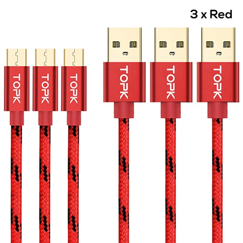 TOPK [3-Pack] Micro USB кабель 2A Быстрая зарядка мобильный телефон кабель синхронизации данных для Xiaomi Redmi 4X samsung Galaxy S7 Кабель зарядного устройства - Цвет: Красный