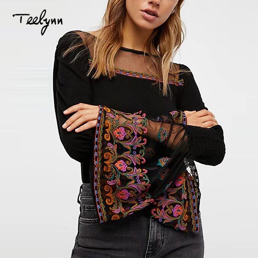 TEELYNN Boho трикотажная рубашка сексуальная прозрачная сетчатая Цветочная вышивка кружевная расклешенная блуза с длинным рукавом и круглым вырезом женские Топы Блузки