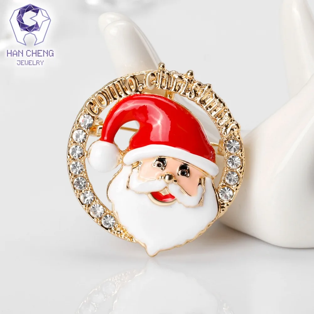 HanCheng модные круглые рождественские броши в форме Санта Клауса с кристаллами