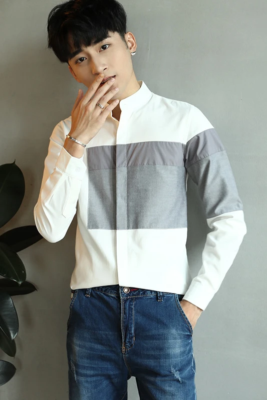 

M-5XL!Autumn large size tide version Slim men's color matching stand collar long-sleeved shirt hair stylist youth shirt.