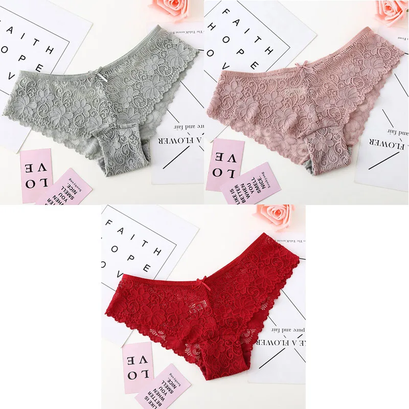 grey pink red 3 шт., трусы для женщин, нижнее белье, сексуальные кружевные дышащие женские трусики, прозрачные трусы, сексуальное нижнее белье для женщин, M-XXL BANNIROU - Цвет: grey pink red